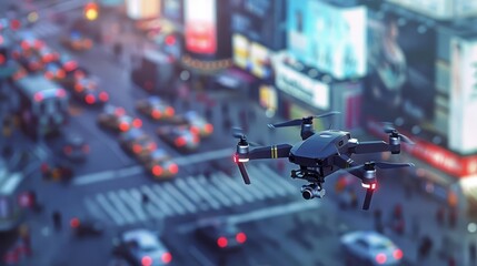 police drone monitoring crowded cityscape law enforcement surveillance technology blurred aerial view illustration