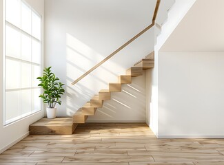 A modern wooden staircase in an open plan home