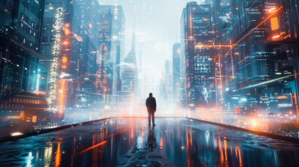Person standing on wet street amidst futuristic neon-lit cityscape under a hazy, blue-tinted sky, reflecting an advanced urban environment, Everyday Business - obrazy, fototapety, plakaty