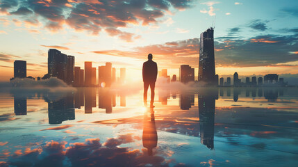 Silhouetted individual standing before a reflective water surface with a vibrant sunrise over a city skyline in the background, Everyday Business