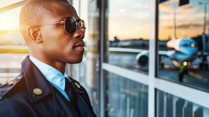 African American male pilot in uniform in sunglasses. A true embodiment of resilience and ambition, he wears his uniform and shades with pride and purpose.