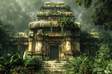 An ancient temple lost in the jungle. The temple's grand staircase leads to a forgotten realm, where echoes of the past still resonate with each step. - obrazy, fototapety, plakaty