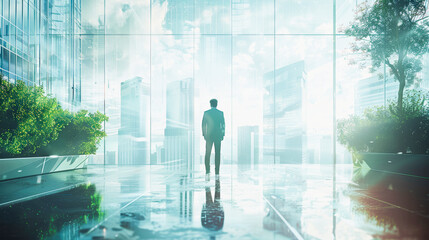 Businessperson standing in a modern glass building overlooking the city, reflecting on growth in a tranquil, green accented environment, Everyday Business - obrazy, fototapety, plakaty