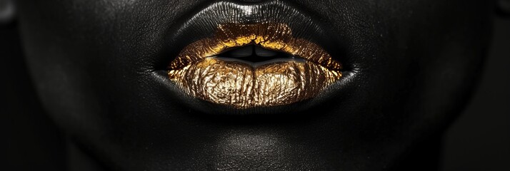 Black and white closeup shot of an African American man face with metallic gold lips, showcasing the intricate details of his eye, eyelash and jaw, shooting a portrait for a fashion magazine, banner