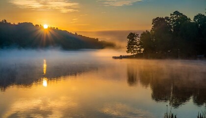 Obraz premium A serene sunrise over a mist-covered lake