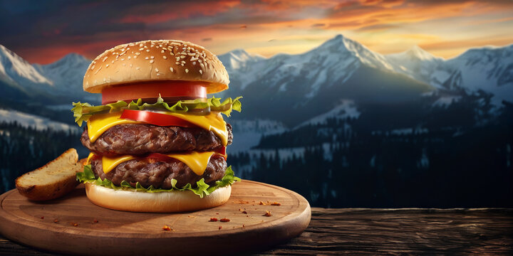 A mouth watering yummy large burger on wooden stand in the winter mountains. Homemade unhealthy fast food, copy space.