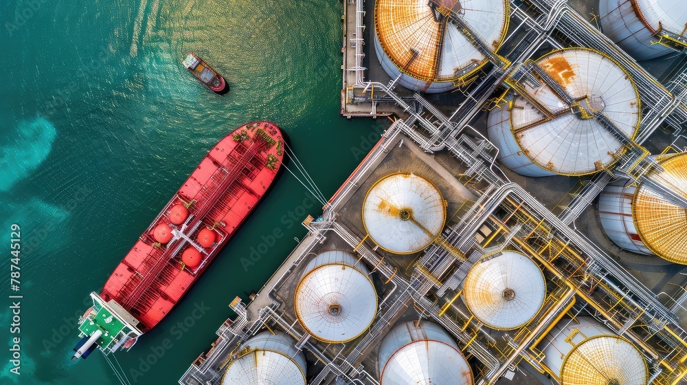 Wall mural Large cargo ship docked next to an industrial oil and gas tank storage complex. Aerial view. Aerial view of cargo ship and industrial oil complex.