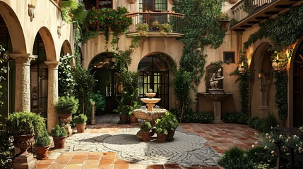 Fototapeta na wymiar An Italian-style house often has a central courtyard or garden area. This courtyard could be paved with cobblestones or terra cotta tiles and adorned with lush greenery, fountains, and statues 