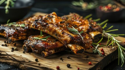 Grilled ribs on cutting board. Treat yourself to a plate of succulent grilled ribs, smoky and savory, a feast for the senses. - obrazy, fototapety, plakaty