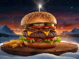 A mouth watering yummy large burger on wooden stand in winter north pole lights. Homemade unhealthy fast food, copy space.