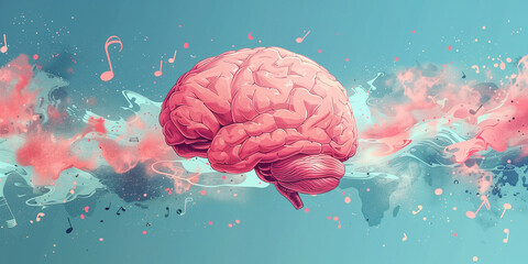 Human brain with vibrant colored waves and music notes, self care and mental health concept, positive thinking, creative mind - 787445157