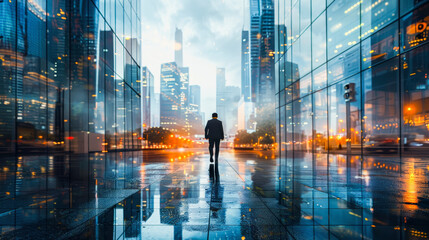 A person walks through a reflective, glass-covered urban street amidst towering skyscrapers under a dramatic, cloudy sky, Everyday Business
