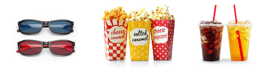 movie time and cinema popcorn and cold soft drink refreshment with 3D glasses for entertainment theater icon set isolated on png transparent background