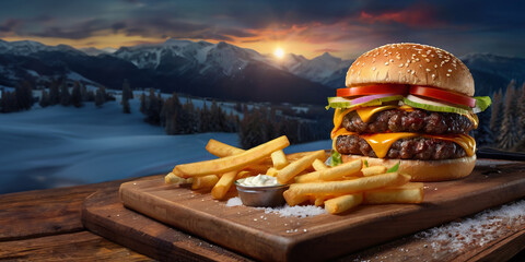 A mouth watering yummy large burger on wooden stand in the winter mountains. Homemade unhealthy fast food, copy space.
