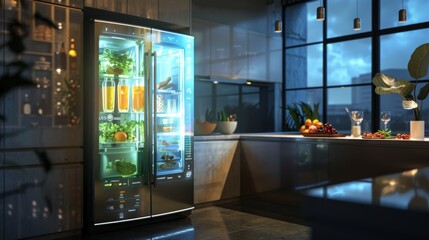 Futuristic smart refrigerator in a modern kitchen at evening