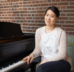Piano, musician or portrait of woman in home for music training in an artistic classical...
