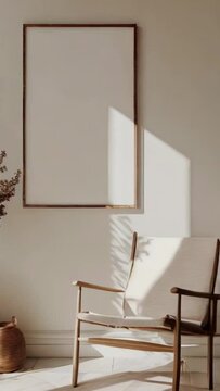 Video mockup of black canvas or picture frame for big vertical poster in white minimalistic interior. Empty room for exhibition. With warm sunny light. Vertical video reels