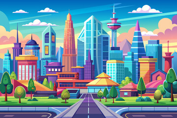 Naklejka premium Introducing our vector seamless cartoon city megapolis background, perfect for game UI design. Bring your game to life with this vibrant and detailed cityscape backdrop