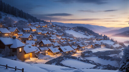 A snow covered village in the mountains at dusk.

