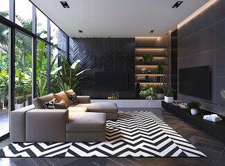 A photo of an elegant modern living room with a black and white chevron pattern rug