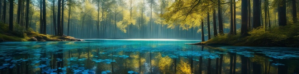 Abstract illustration reflection of forest in water midsummer. Background for banner, poster, website header, place for text.	