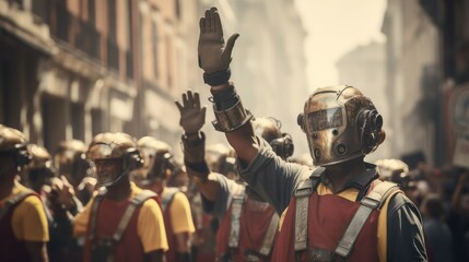 Firefighters take part in a procession as part of the Expo, universal exposition on the theme of food in Milan. - obrazy, fototapety, plakaty
