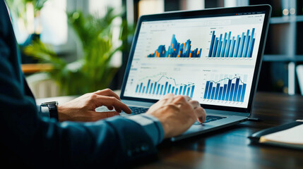 Person analyzing data charts on a laptop screen in an office environment, focusing on business performance metrics.