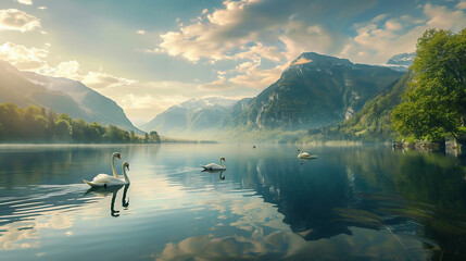  lakeside , a tranquil body of water reflecting the surrounding mountains and forests, a family of swans  - Powered by Adobe