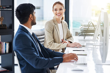 Coworking, happy woman or business people on break talking, bonding and speaking of gossip news. Computer, friends and financial consultants in conversation, communication and discussion to relax