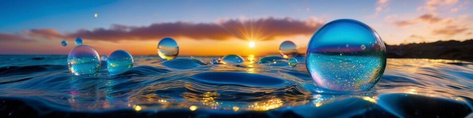 Abstract colorful illustration of transparent soap bubbles floating in the sea on the background of sea sunset. Background for banner, poster, website header, place for text.	