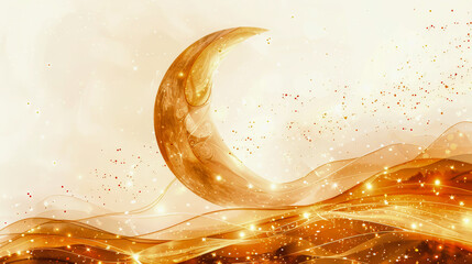 A golden crescent moon amidst sparkling stars with ethereal waves of light conveying a mystical or celestial atmosphere. - obrazy, fototapety, plakaty
