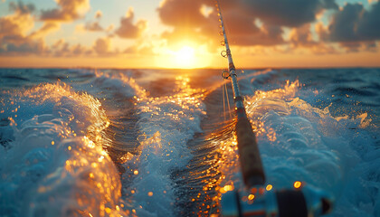 fishing rod with reel fixed on deck stern close up photo. Speed boat rides fast in open ocean waves...