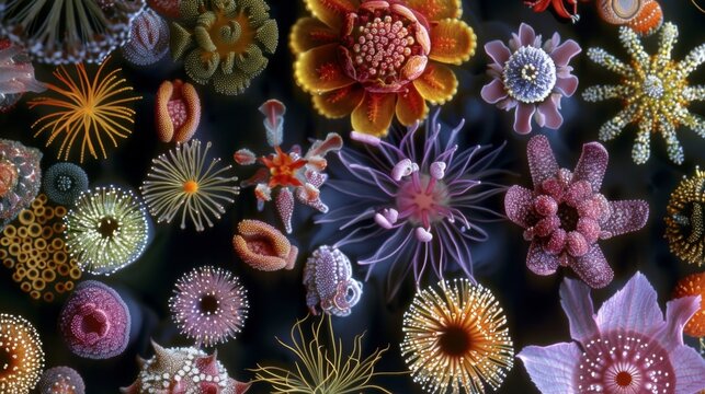 An electron microscope image of various types of pollen resembling a diverse array of intricate jewels.