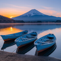 Tranquil lake scene at sunset with rowboats moored along shore with majestic silhouette snowy volcano in background. serene ambiance and stunning natural beauty capture essence peacefulness in nature - obrazy, fototapety, plakaty