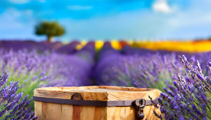 Wooden trunk podium with lavenders in backdrop for product or cosmetic presentation; cosmetology treatments and healthcare promotion
