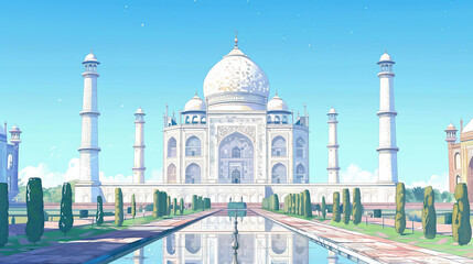 Obraz premium Intricate drawing, Taj Mahal, grandeur, pristine white marble, elegant domes, clear blue sky, architectural marvel, iconic landmark, UNESCO World Heritage Site, Mughal architecture,