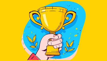 Winning cup, first place trophy cup. holding golden prize. Isolated design element. Victory, competition concept. Icon, logo, print template, Hand drawn trendy Vector illustration. 
