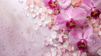 Fototapeta na wymiar Spa theme with beautiful orchid blossoms and pink sea salt with space for text