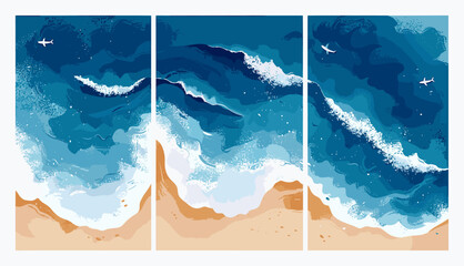 Hand drawn vector illustrations of aerial view of ocean waves reaching the coastline, beach, sand, sea shore with blue waves, top view overhead seaside. isolated cards. Travel concept.