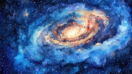 Dreamy Cosmic Watercolor Landscape Swirling Nebulae and Glittering Stars Adorn the Enchanting Night Sky