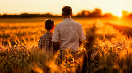 A man and a child standing in a wheat field at sunset, gazing into the horizon, sharing a peaceful moment together.
