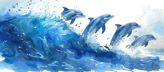 Playful Dolphins Leaping through Tranquil Watercolor Waves of the Vibrant Ocean