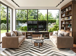 A photograph of an elegant modern living room with black and white chevron pattern