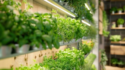 A kitchen featuring a wall of herbs and plants providing easy access to fresh and healthy ingredients. .