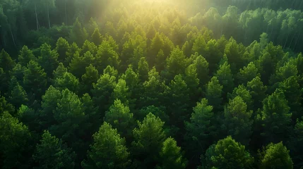 Fotobehang Sunlight filters through the evergreen trees in the forest © Валерія Ігнатенко