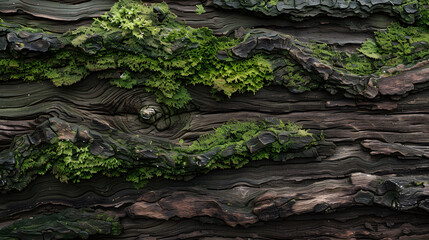Layered bark texture with green moss details. Close-up shot for nature-inspired design and print...