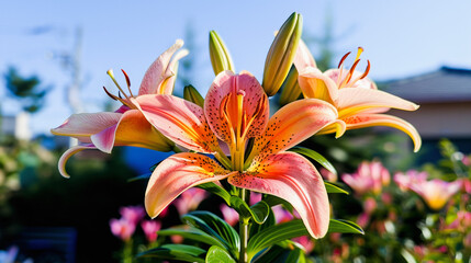 Blooming orange lilies with spotted petals amidst green foliage against a blurred background of a residential area with clear sky.