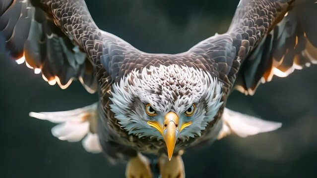 Close-up macro photograph, eagle descending with precision, intense focus in its eyes, against the dark backdrop.