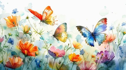 Delicate Watercolor Butterflies Fluttering Amidst Vibrant Blooming Garden Flowers
