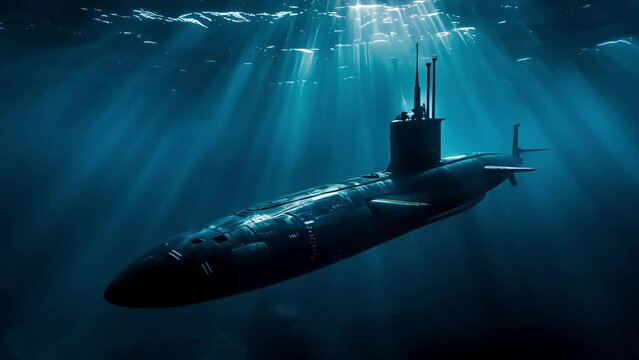 A combat submarine plunges into the ocean depths on a military mission, a play of light underwater.